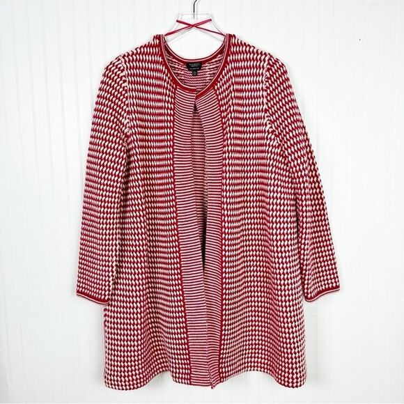 2XP TALBOTS‎ MERINO WOOL BASKETWEAVE DUSTER LONG CARDIGAN RED WHITE - Picture 11 of 11